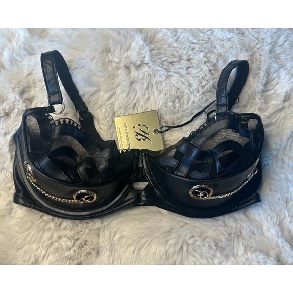 Honey Birdette CLAIRE🖤 Black & Gold Faux Leather Bra 34DD - Picture 2 of 5